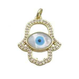 Copper Hamsahand Pendant Pave Zircon Shell Evil Eye Gold Plated, approx 18-22mm [FN35556]