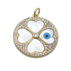 Copper Clover Pendant Pave Zircon Shell Evil Eye Gold Plated, approx 22mm [FN35558]