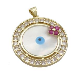 Copper Circle Pendant Pave Zircon Shell Evil Eye Gold Plated, approx 29mm [FN35569]