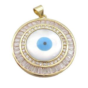 Copper Circle Pendant Pave Zircon Shell Evil Eye Gold Plated, approx 28mm [FN35570]
