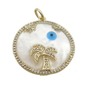 Copper Circle Coconut Tree Pendant Pave Zircon Shell Evil Eye Gold Plated, approx 27mm [FN35573]