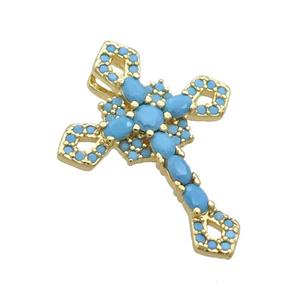 Copper Cross Pendant Pave Zircon Turq Gold Plated, approx 18-24mm [FN35770]