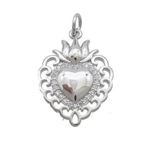 Copper Decor Heart Pendant Pave Zircon Platinum Plated, approx 16-20mm [FN35804]
