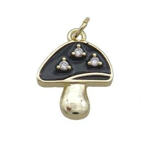 Copper Mushroom Pendant Pave Zircon Black Enamel Gold Plated, approx 14-15mm [FN35824]