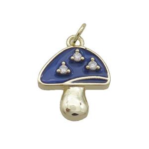 Copper Mushroom Pendant Pave Zircon Blue Enamel Gold Plated, approx 14-15mm [FN35826]