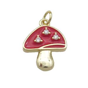 Copper Mushroom Pendant Pave Zircon Red Enamel Gold Plated, approx 14-15mm [FN35827]