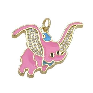 Copper Elephant Pendant Pave Zircon Pink Enamel Gold Plated, approx 25mm [FN35829]