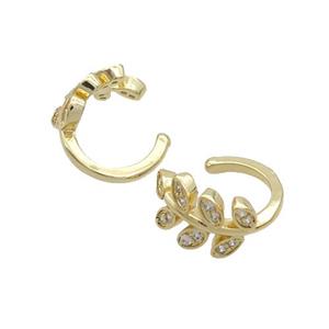 Copper Clip Earring Pave Zircon Leaf Gold Plated, approx 13mm [FN35837]