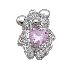 Copper Bear Pendant Pave Zircon Pink Heart Platinum Plated, approx 15-23mm [FN35865]