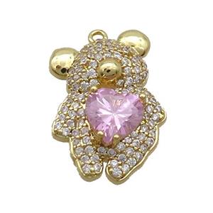 Copper Bear Pendant Pave Zircon Pink Heart Gold Plated, approx 15-23mm [FN35866]
