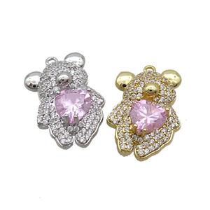 Copper Bear Pendant Pave Zircon Pink Heart Mixed, approx 15-23mm [FN35867]