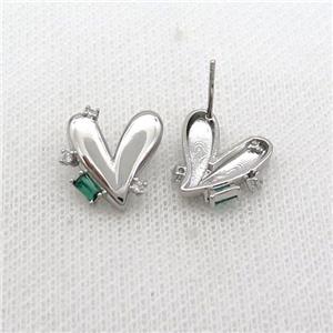 Copper Heart Stud Earring Pave Zircon Platinum Plated, approx 14-15mm [FN35887]