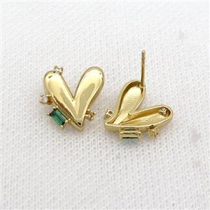 Copper Heart Stud Earring Pave Zircon Gold Plated, approx 14-15mm [FN35888]