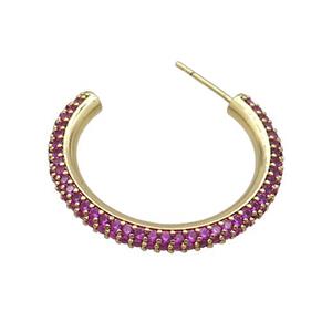 Copper Stud Earring Pave Hotpink Zircon Gold Plated, approx 30mm [FN35981]
