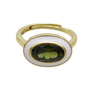 Copper Ring Pave Green Crystal Oval White Enamel Adjustable Gold Plated, approx 11-15mm, 18mm dia [FN35985]