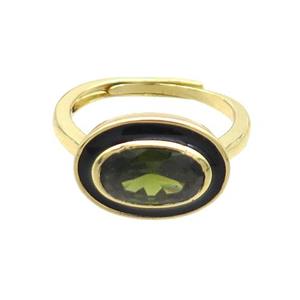 Copper Ring Pave Green Crystal Oval Black Enamel Adjustable Gold Plated, approx 11-15mm, 18mm dia [FN35986]