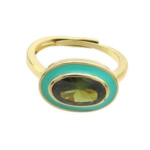 Copper Ring Pave Green Crystal Oval Enamel Adjustable Gold Plated, approx 11-15mm, 18mm dia [FN35987]