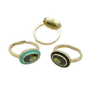 Copper Ring Pave Green Crystal Oval Enamel Adjustable Gold Plated Mixed, approx 11-15mm, 18mm dia [FN35988]