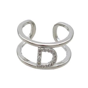 Copper Ring Pave Zircon D-Letter Platinum Plated, approx 10mm, 18mm dia [FN35993]
