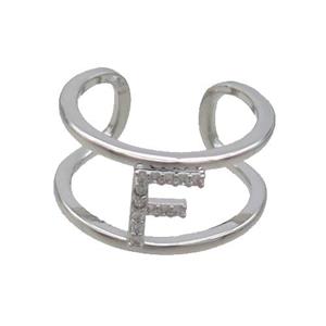 Copper Ring Pave Zircon F-Letter Platinum Plated, approx 10mm, 18mm dia [FN35995]