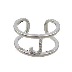 Copper Ring Pave Zircon J-Letter Platinum Plated, approx 10mm, 18mm dia [FN35999]