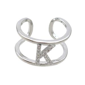 Copper Ring Pave Zircon K-Letter Platinum Plated, approx 10mm, 18mm dia [FN36000]