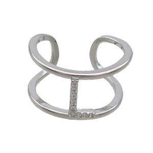 Copper Ring Pave Zircon L-Letter Platinum Plated, approx 10mm, 18mm dia [FN36001]