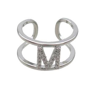 Copper Ring Pave Zircon M-Letter Platinum Plated, approx 10mm, 18mm dia [FN36002]