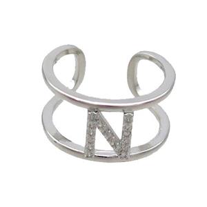 Copper Ring Pave Zircon N-Letter Platinum Plated, approx 10mm, 18mm dia [FN36003]