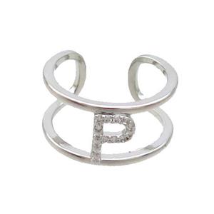 Copper Ring Pave Zircon P-Letter Platinum Plated, approx 10mm, 18mm dia [FN36005]