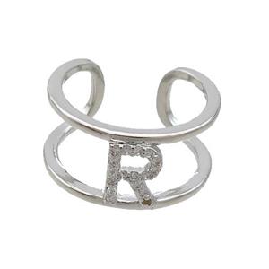 Copper Ring Pave Zircon R-Letter Platinum Plated, approx 10mm, 18mm dia [FN36007]