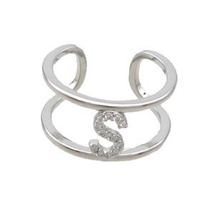 Copper Ring Pave Zircon S-Letter Platinum Plated, approx 10mm, 18mm dia [FN36008]