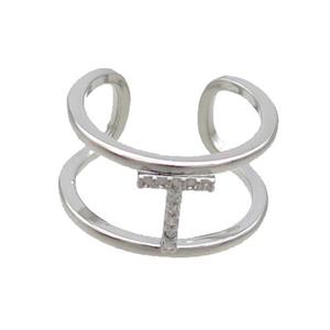 Copper Ring Pave Zircon T-Letter Platinum Plated, approx 10mm, 18mm dia [FN36009]