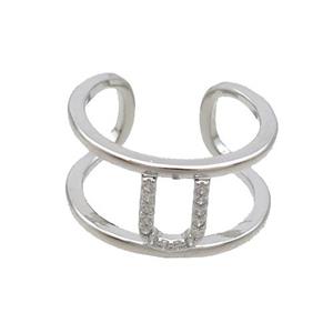 Copper Ring Pave Zircon U-Letter Platinum Plated, approx 10mm, 18mm dia [FN36010]
