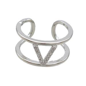 Copper Ring Pave Zircon V-Letter Platinum Plated, approx 10mm, 18mm dia [FN36011]