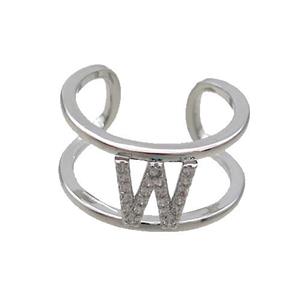 Copper Ring Pave Zircon W-Letter Platinum Plated, approx 10mm, 18mm dia [FN36012]
