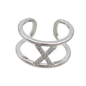 Copper Ring Pave Zircon X-Letter Platinum Plated, approx 10mm, 18mm dia [FN36013]