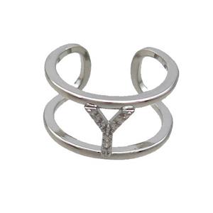 Copper Ring Pave Zircon Y-Letter Platinum Plated, approx 10mm, 18mm dia [FN36014]