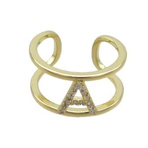 Copper Ring Pave Zircon A-Letter Gold Plated, approx 10mm, 18mm dia [FN36016]