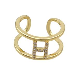 Copper Ring Pave Zircon H-Letter Gold Plated, approx 10mm, 18mm dia [FN36023]