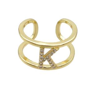 Copper Ring Pave Zircon K-Letter Gold Plated, approx 10mm, 18mm dia [FN36026]