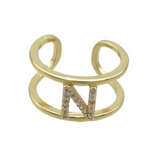 Copper Ring Pave Zircon N-Letter Gold Plated, approx 10mm, 18mm dia [FN36029]