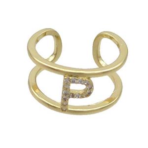 Copper Ring Pave Zircon P-Letter Gold Plated, approx 10mm, 18mm dia [FN36031]