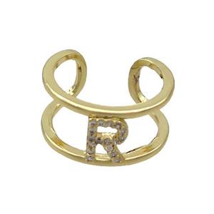 Copper Ring Pave Zircon R-Letter Gold Plated, approx 10mm, 18mm dia [FN36033]