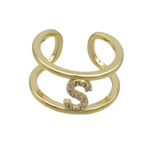 Copper Ring Pave Zircon S-Letter Gold Plated, approx 10mm, 18mm dia [FN36034]