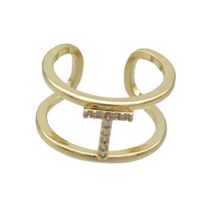 Copper Ring Pave Zircon T-Letter Gold Plated, approx 10mm, 18mm dia [FN36035]