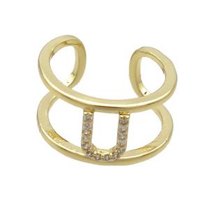 Copper Ring Pave Zircon U-Letter Gold Plated, approx 10mm, 18mm dia [FN36036]