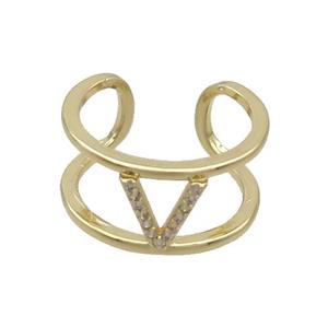 Copper Ring Pave Zircon V-Letter Gold Plated, approx 10mm, 18mm dia [FN36037]