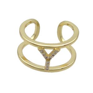 Copper Ring Pave Zircon Y-Letter Gold Plated, approx 10mm, 18mm dia [FN36040]