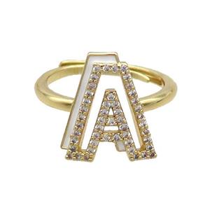 Copper Ring Pave Zircon A-Letter Adjustable White Enamel Gold Plated, approx 10-14mm, 18mm dia [FN36042]